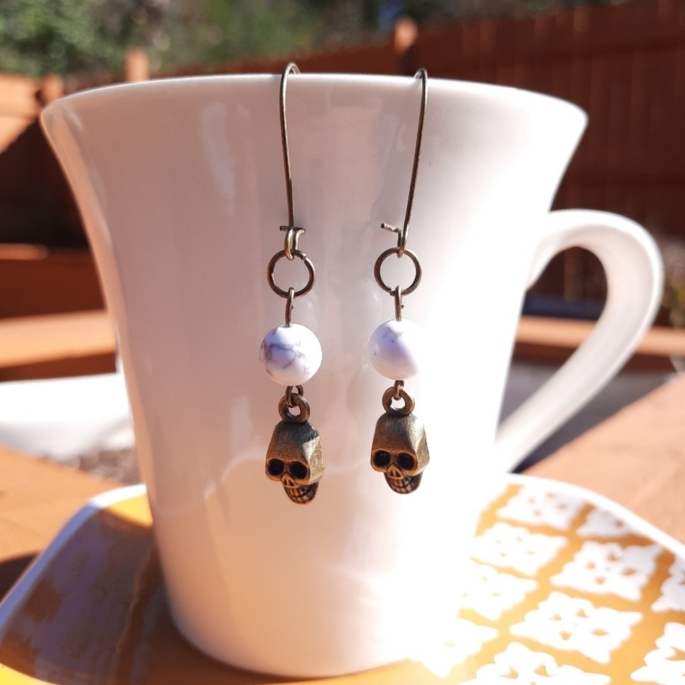 White Howlite Stone Skull Earrings